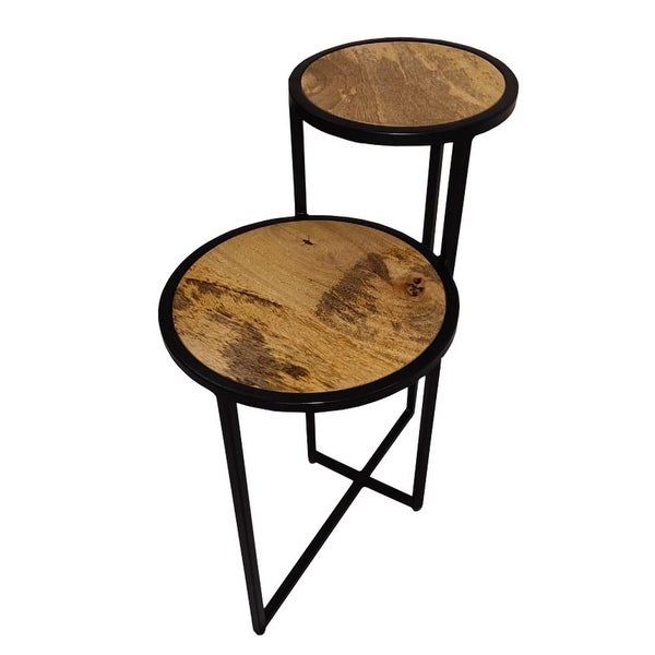 Two Tier Round Wooden Side Table with Metal Frame, Brown and Brass - 13 L X 20 W X 26 H Inches