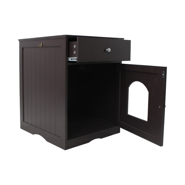 Wooden Side Table Pet House with Drawer, Brown