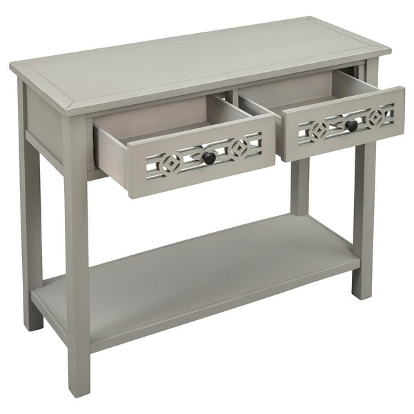 Classic Wooden Console Table with 2 Top Drawers and Open Storage Shelf, Sofa Table with Hollow-out Decoration, Silver