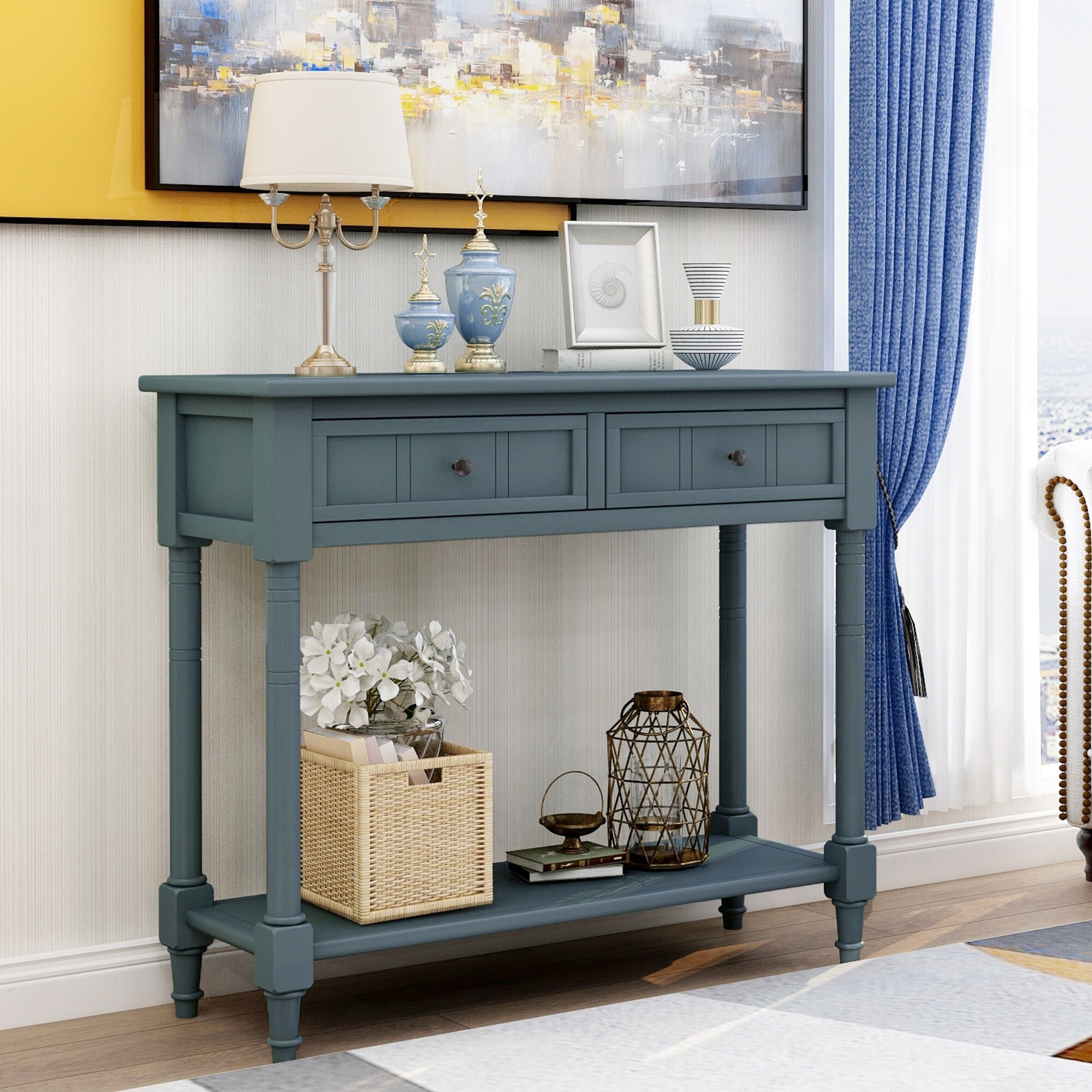 Daisy Series Console Table Traditional Design with Two Drawers and Bottom Shelf, Entryway Hallway Living Room
