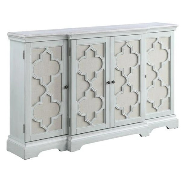 60 Inch 4 Door Wood Buffet Cabinet Console Table, Quatrefoil, Antique Blue