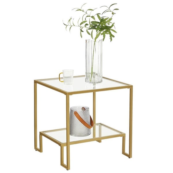 Side Table, End Table, Nightstand, Glass Shelves, Steel Frame, for Living Room Bedroom, 19.7 x 19.7 x 19.7 Inches, Golden