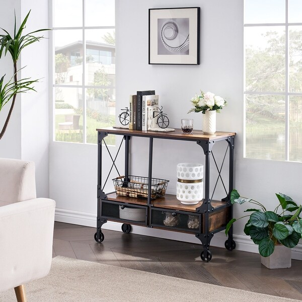 Industrial Console Table with Drawer and Storage Shelf, 4-Foot Wheels, Brown