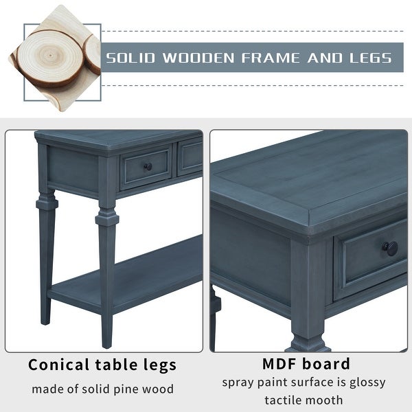 Classic American Retro Style Console Table with 3 Top Drawers and Open Style Bottom Shelf, Solid Wood Sofa Table for LivingRoom