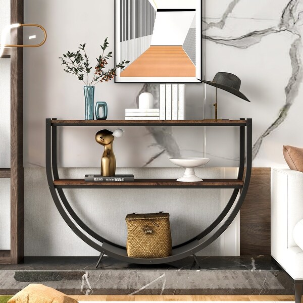 Industrial Demilune Textured Metal Wood Console Table,Distressed Brown