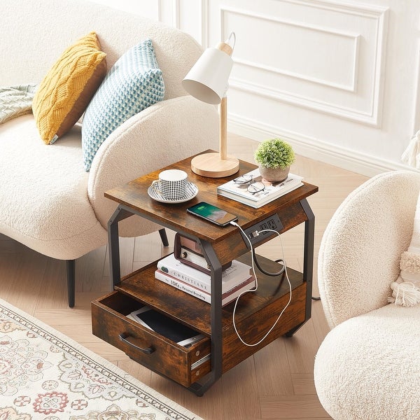 End Table/Side Table with Charging Station,Nightstand with 1 drawer