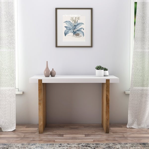 Kerry 48 Inch Rectangular Mango Wood Console Table, Sled Base, Glossy White, Natural Brown