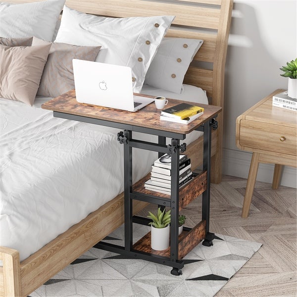Height Adjustable C Table, Sofa Side Tables, Mobile End Table with Storage Shelves