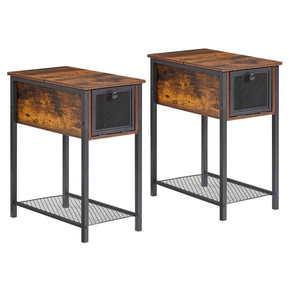 Set of 2 Flip Top Side Table with 1-Drawer and Steel Mesh Shelf ,Slim Sofa Table, Rustic Brown