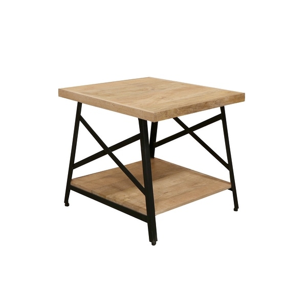 Rectangle Side Table with Open Bottom Shelf and Metal Legs, Brown and Gray