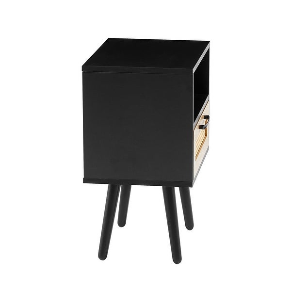Modern Rattan Side table/Nightstand with 1 Shelf,1 drawer and 4 Solid Wood Legs