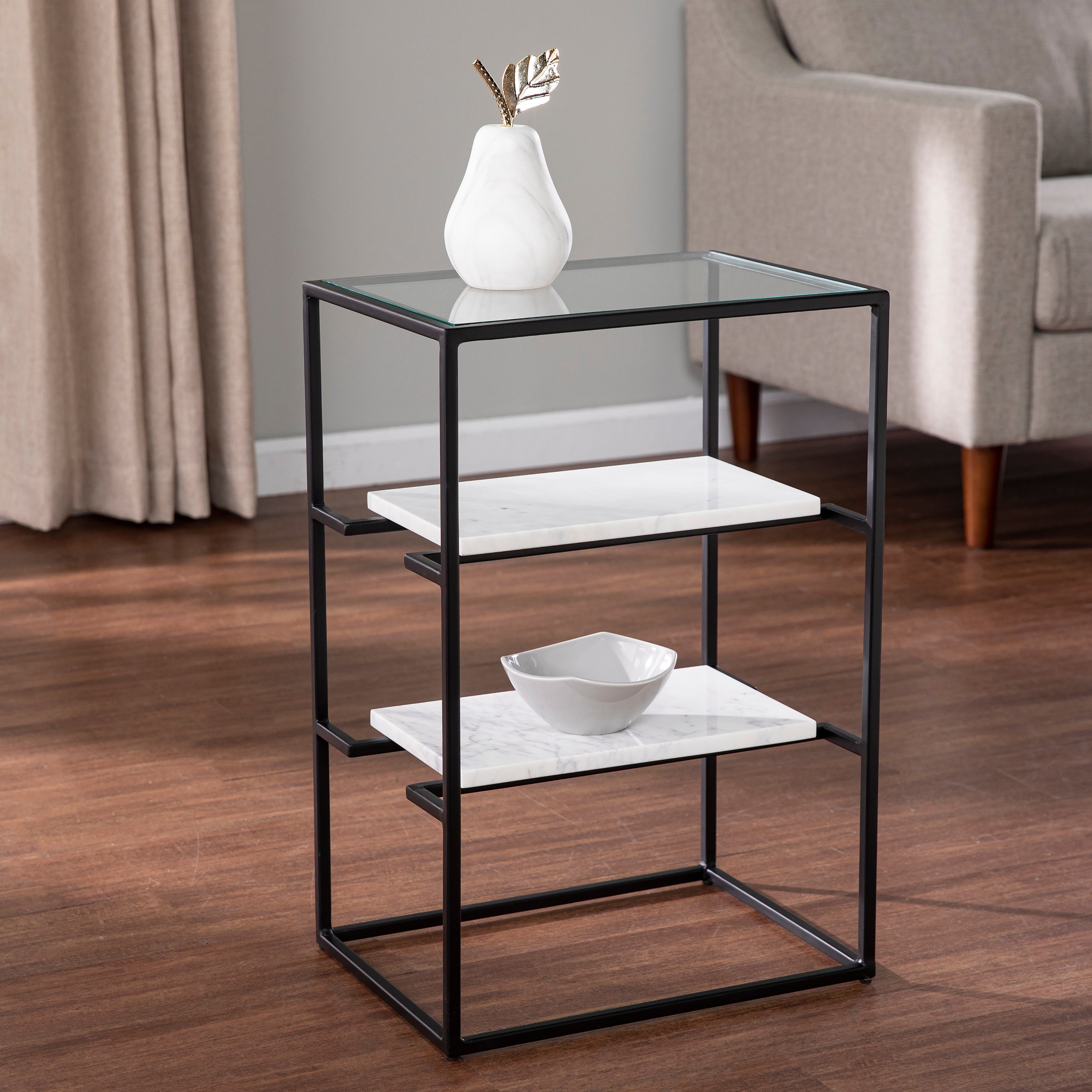 SEI Furniture Piesby Glass-Top End Table with Marble Shelving, Black/White