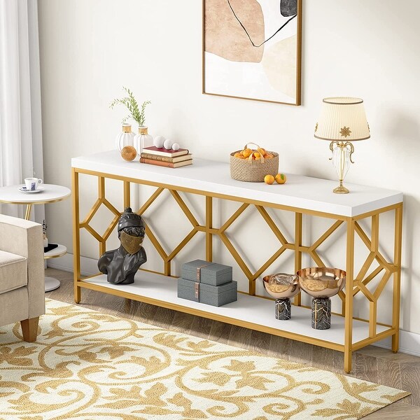 71 Inch Extra Long Console Table, Industrial Narrow Sofa Table Entry Table Behind Couch Table with Open Storage Shelf