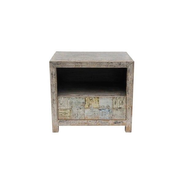 Artissance Reclaimed Wood Shandong Checkerboard Side Table, 24 Inch Tall, Weathered Gray Wash