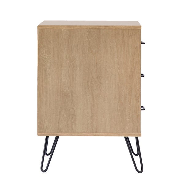 Harper 24 Inch Handcrafted Modern Tricolor Wood Nightstand, 3 Drawers, Metal Hairpin Legs, Oak, White, Gray