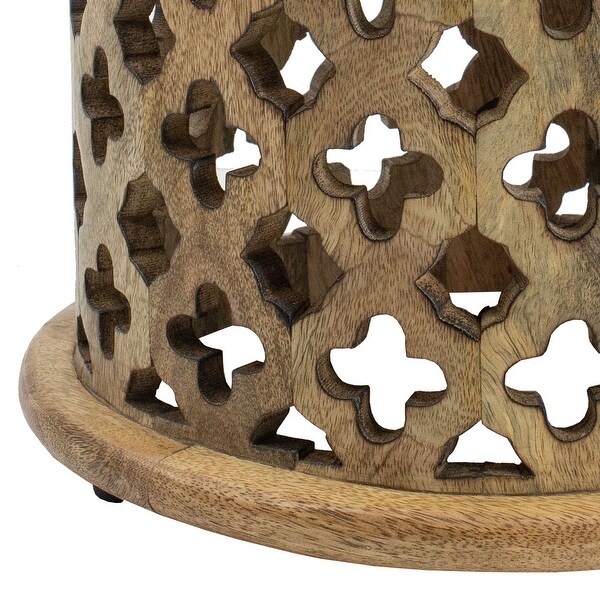 18, 16 Inch Side Tables, Mango Wood, Quatrefoil Design, Set of 2, Brown