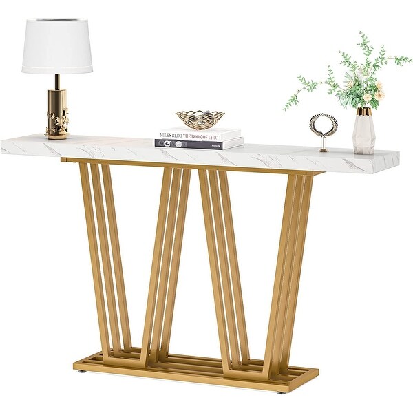 Faux Marble Wooden Console Table for Hallway, Entrance, White and Gold