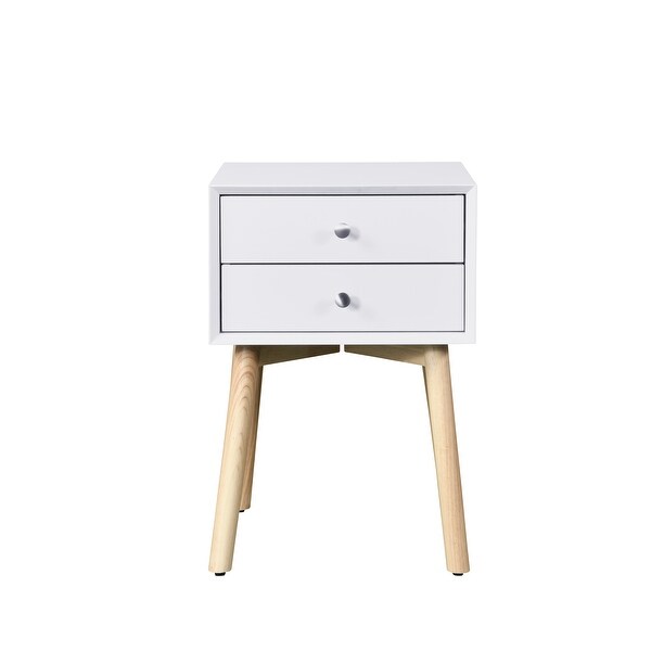 Mid-Century Side Table Nightstand with 2 Drawer, Wood Legs and Sliver Metal Knobs for Bedroom Living Room