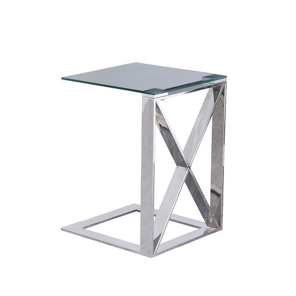 22 Inch Metal X Frame Glass Top Side Table, Silver