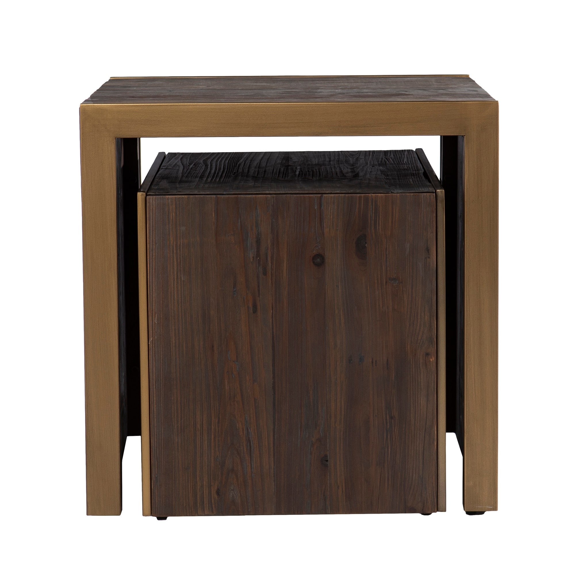 Set of 2 Coffee Brown Home Furniture Reclaimed Wood Nested Accent Tables, 19.25