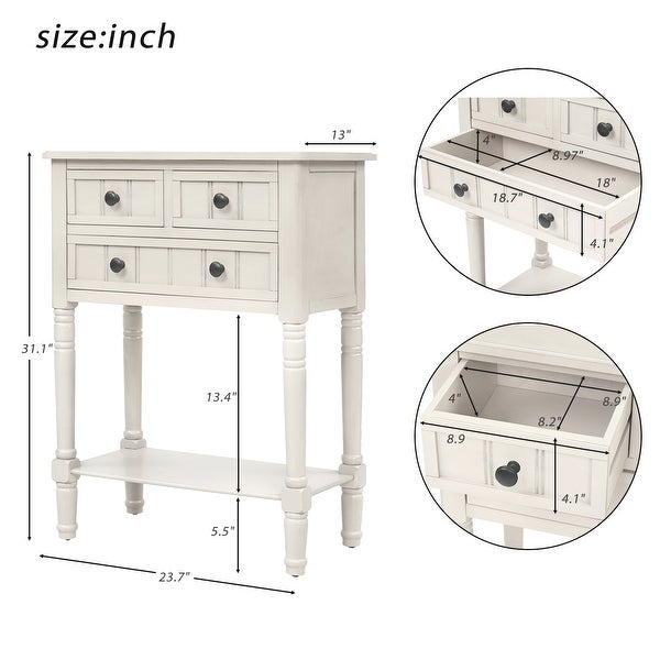 Narrow Console Table with 3 Storage Drawers and Black Round Deco Knobs, Slim Sofa Table with Bottom Shelf, Ivory