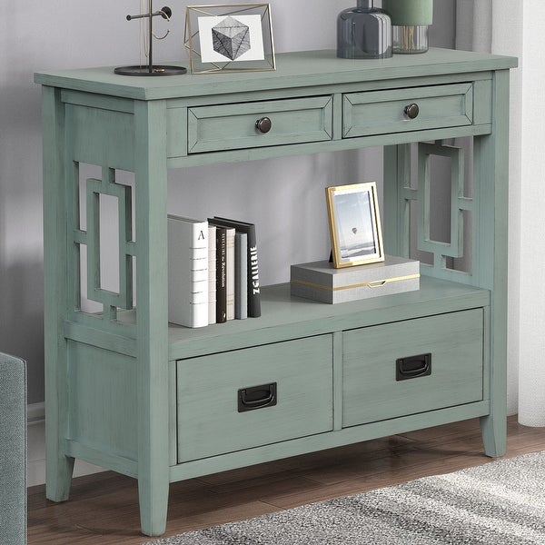 38'' Farmhouse Pine Wood Console Table with 4 Drawers and 1 Open Storage Shelf, Sofa Table for Entryway, Living Room, Bedroom
