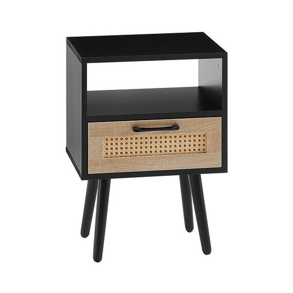 Modern Rattan Side table/Nightstand with 1 Shelf,1 drawer and 4 Solid Wood Legs