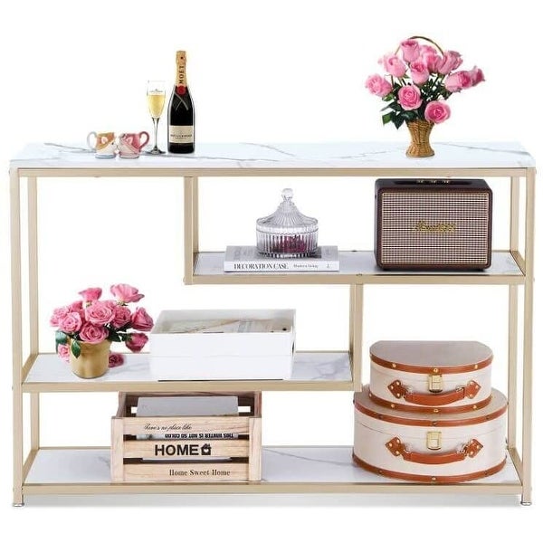ivinta 3-Tier Console Table White Entryway Table with Shelves, Gold Sofa Tables for Living Room