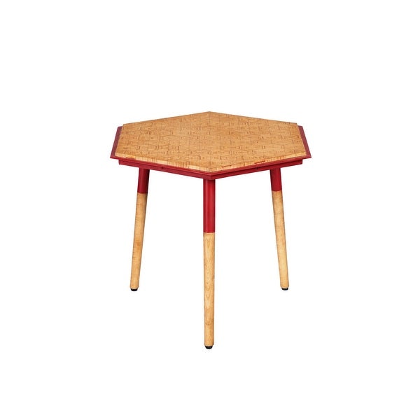 Paige 18 Inch Hexagon Illusion Wood Side Table, Brown, Red - 17.9