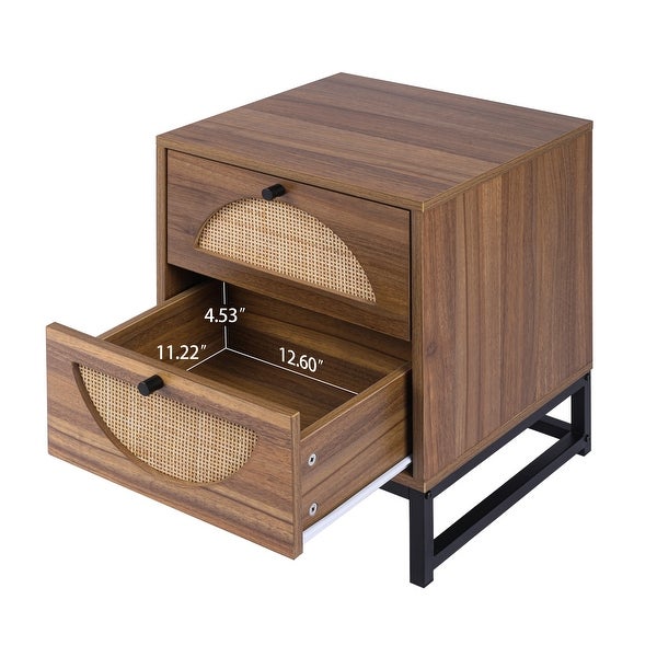 Rattan Nightstand Set of 2, Walnut End Table with 2 Natural Rattan Drawer and Metal Legs