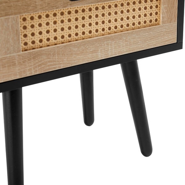 Modern Rattan Side table/Nightstand with 1 Shelf,1 drawer and 4 Solid Wood Legs