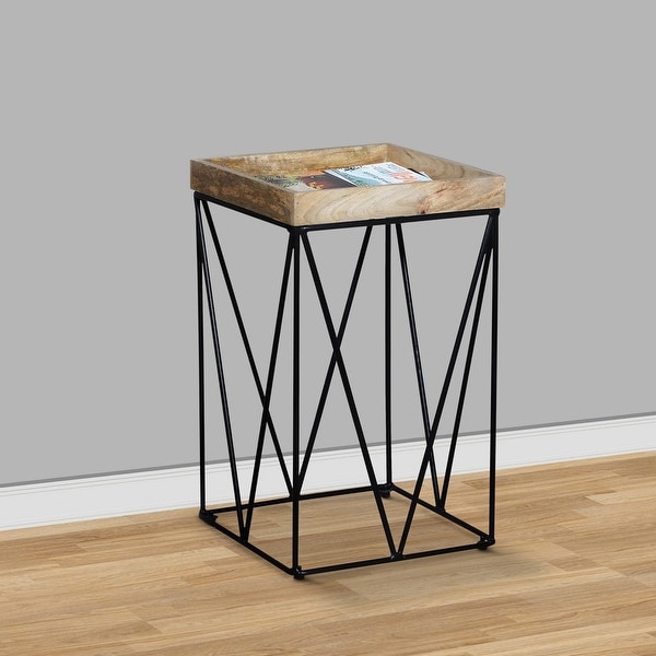 24 Inch Industrial End Side Table, Mango Wood Square Tray Top, V Shape Iron Accent, Brown, Black - 24