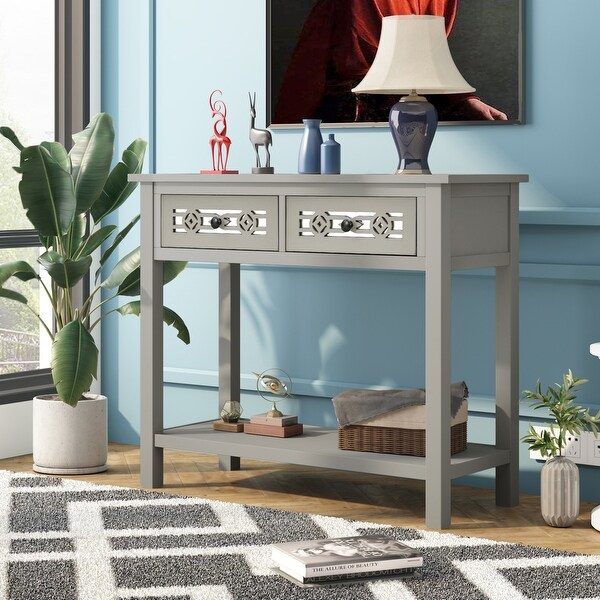 Classic Console Table with Hollow-out Decoration 2 Top Drawers and a Large Space Open Shelf, Modern Sofa Table for Living Room