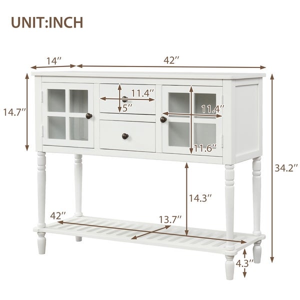 Farmhouse Distressed Sideboard Buffet Console Table with 2 Glass Front Cabinets, 2 Drawers and Slatted Bottom Shelf