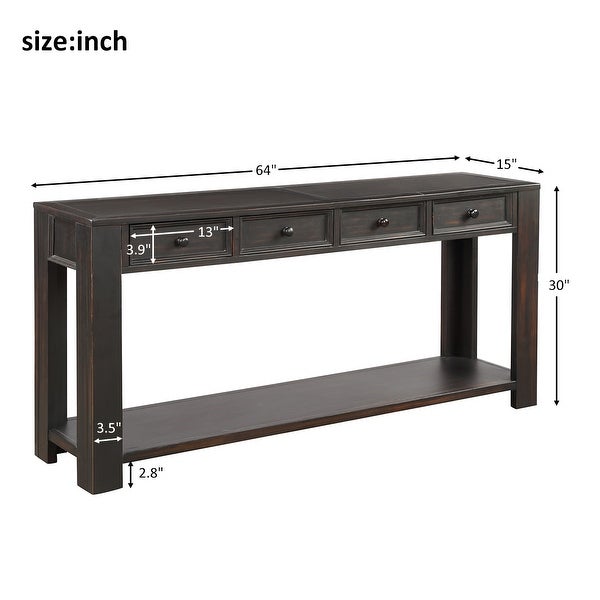 Chic Console Table Side Table with 4 Drawers and Bottom Open Shelf, Solid Wood Sofa Table Entryway Table for Entryway Living Room