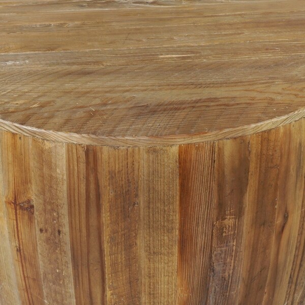 26 Inch Side End Table, Recycled Fir Wood, Round Drum Shape, Walnut Brown