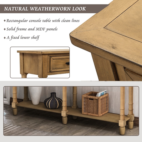 Solid Wood Sofa Table Console Table with 2 Drawers and Open Bottom Shelf, Classic Rustic Entryway Table Side Table for Living Room