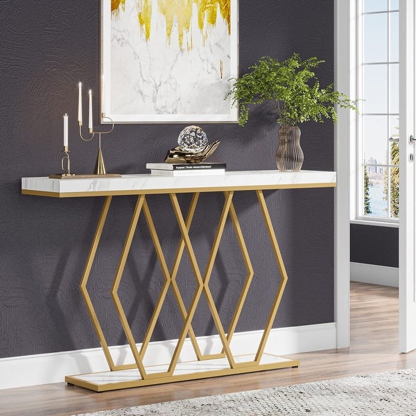 55 Inch Gold Console Table, Modern Entryway Sofa Table with Fuax Marble Finish