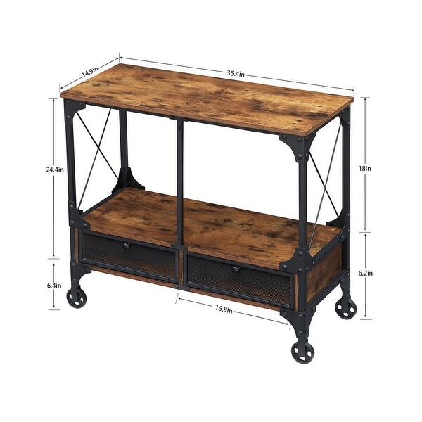 Industrial Console Table with Drawer and Storage Shelf, 4-Foot Wheels, Brown