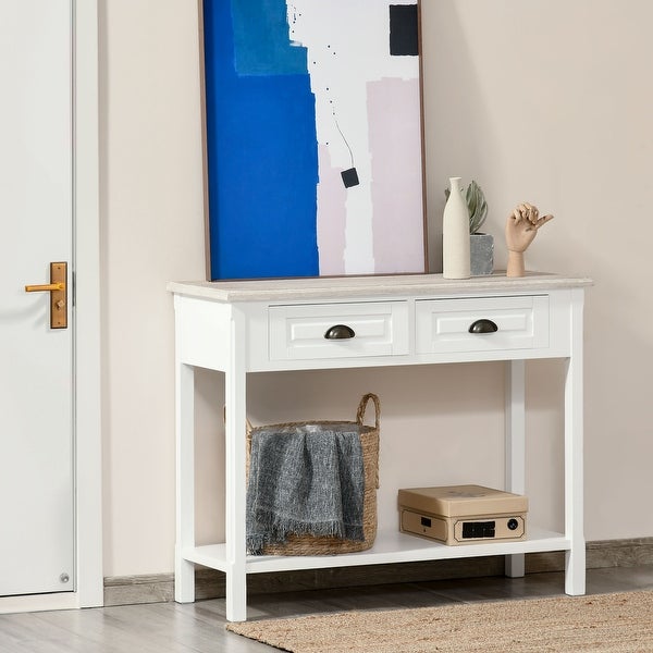 HOMCOM Console Table with 2 Storage Drawers and Open Shelf, Vintage Distressed Sofa Table for Hallway, Living Room, or Bedroom