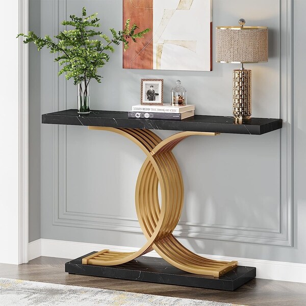 Console Table, Faux Marble Hallway Table with Geometric Metal Legs - 11.81