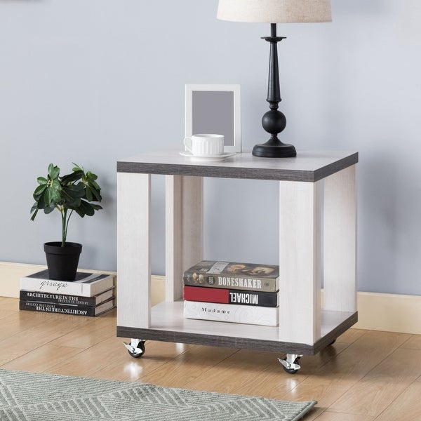 Q-Max Two-Toned End Table with Casters, Side Table with Bottom Shelf, White Oak and Distressed Grey Finish