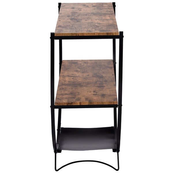 Rustic Industrial Demilune Shape Console Table Textured Metal Distressed Wood End Sofa Table with 2-Tier Shelf, Brown