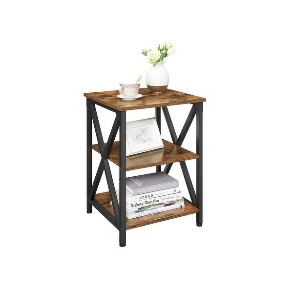 Nightstand, 3-Tier Side Table with Storage Shelf, End Table Steel Frame, for Bedroom, Living Room, Rustic Brown and Black