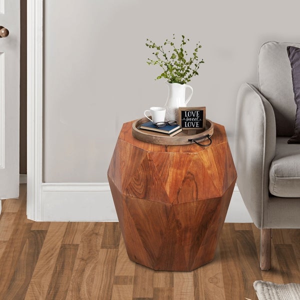 Bon 22 Inch Artisanal End Side Table, Multifaceted Solid Acacia Wood, Octagon Top, Warm Brown