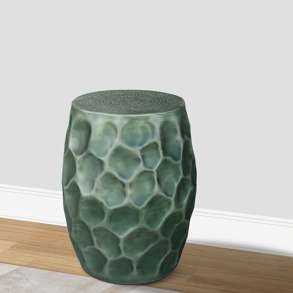 Jed 20 Inch Handcrafted Industrial Round Side Table, Aluminum, Hammered Texture, Antique Burnt Green