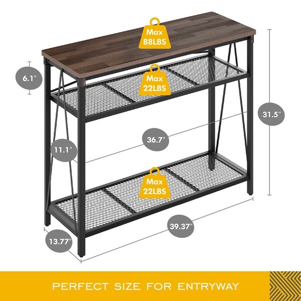 HOMOOI Console Sofa Table Industrial, 3-Tier Narrow Long Entryway Table with Mesh Storage Shelves, Spliced Woodgrain Top, 39.4