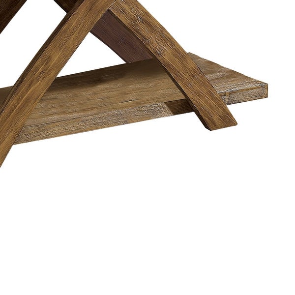 Wooden Sofa Table with Open Bottom Shelf and X-Shaped Base, Antique Light Oak Brown