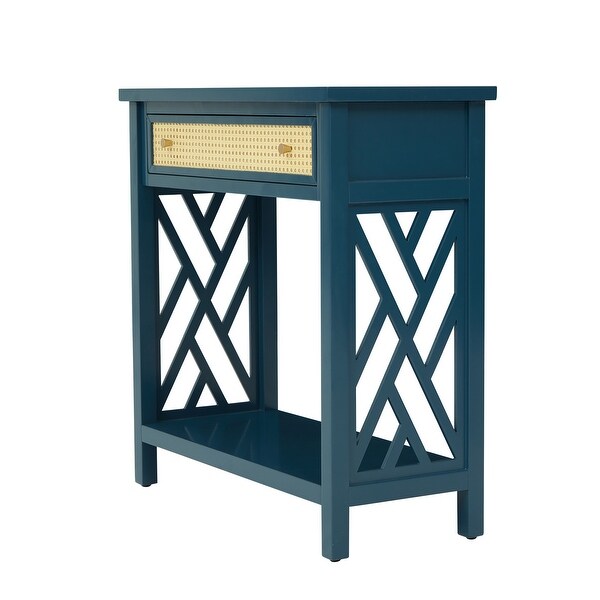 Kinbor Wood Console Table with Rattan Drawer and Bottom Shelf, Modern Sofa Table Entry Hallway Table for Living Room Bedroom