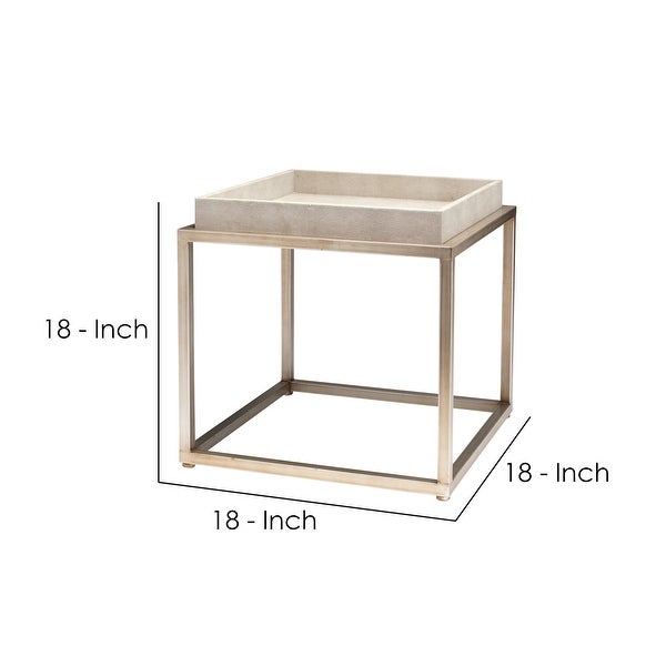 Side Table with Metal Base and Faux Leather Tabletop,Beige
